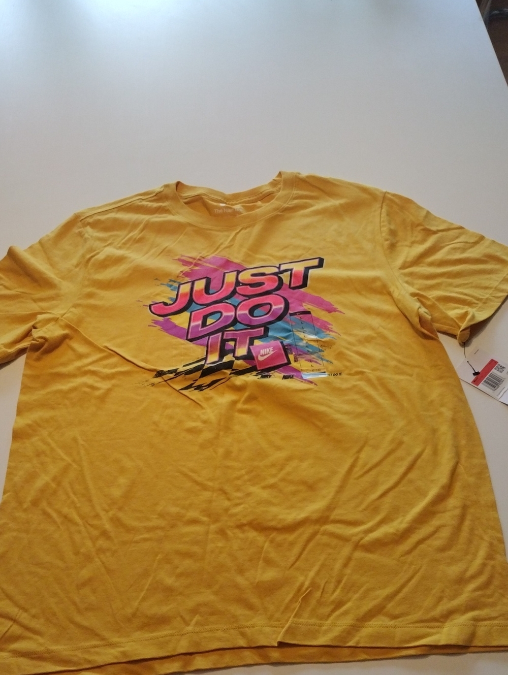 Nike Yellow Mens 'Just Do It' Graphic Tee with Pink & Blue Accents